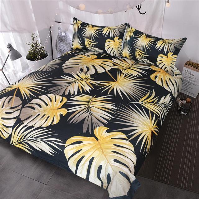 BlessLiving Nature Inspired Tropical Monstera and Palm Leaves 3 Piece Black Gold Trendy Botanical Chic3D Customized Duvet Cover Bedding Sets
