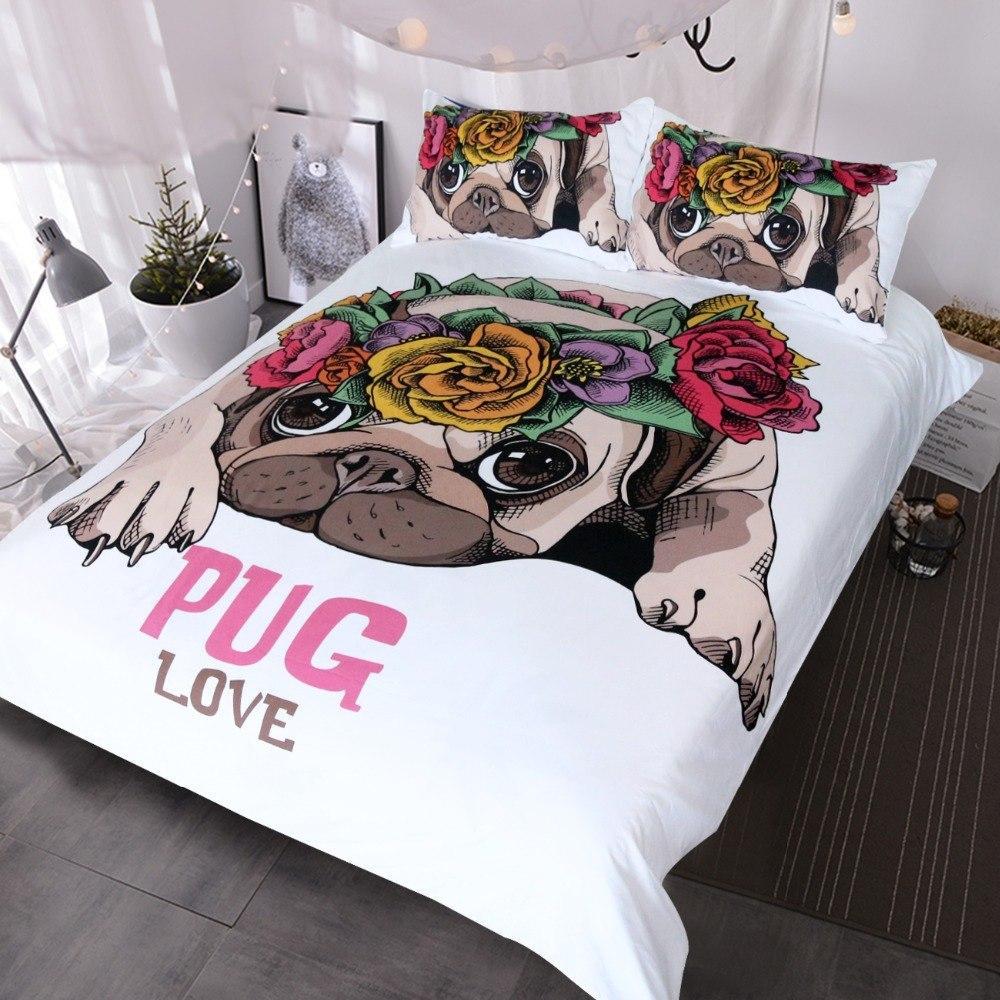 Blessliving Trendy Puppy Love Pug Rose et Queenweet Valentine’s Day Gift Kawaii for Dog Lover3D Customized Duvet Cover Bedding Sets