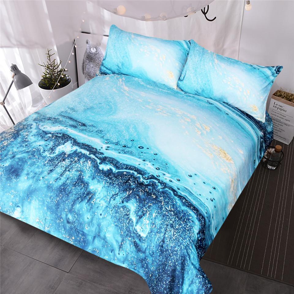 BlessLiving Watercolor Golden and Blue et Ocean Waves Bed Cover Abstract Printed Bedclothes King3D Customized Duvet Cover Bedding Sets