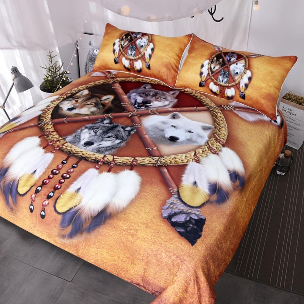 BlessLiving Wolves Dreamcatcher Native American Indian Wolf Western Wild Animal Tribal 3D Bed Cover 3D Customized Duvet Cover Bedding Sets