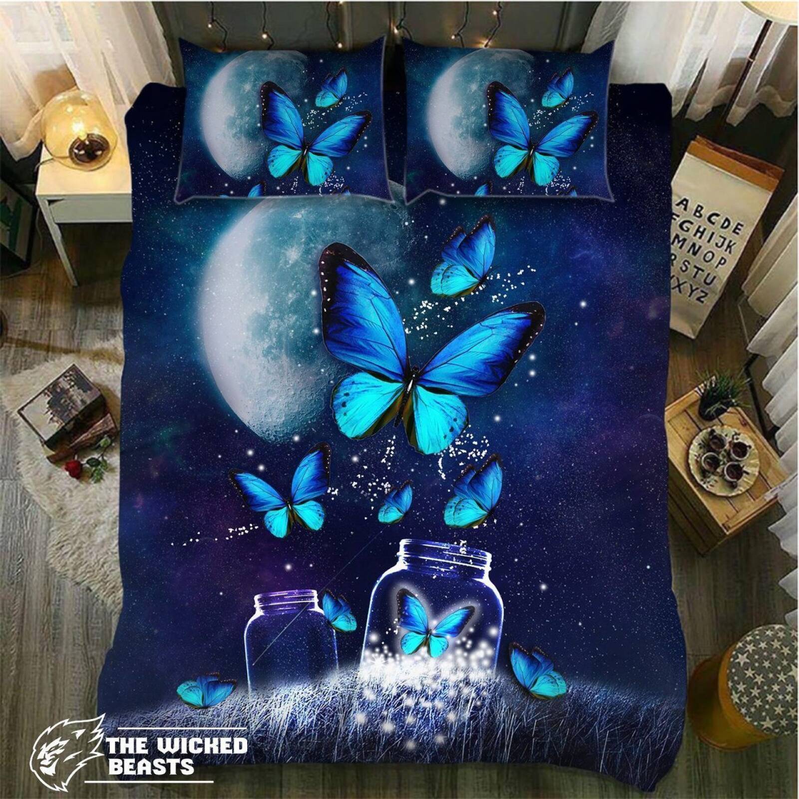 Blue Butterfly Moon Nights3D Customized Duvet Cover Bedding Sets