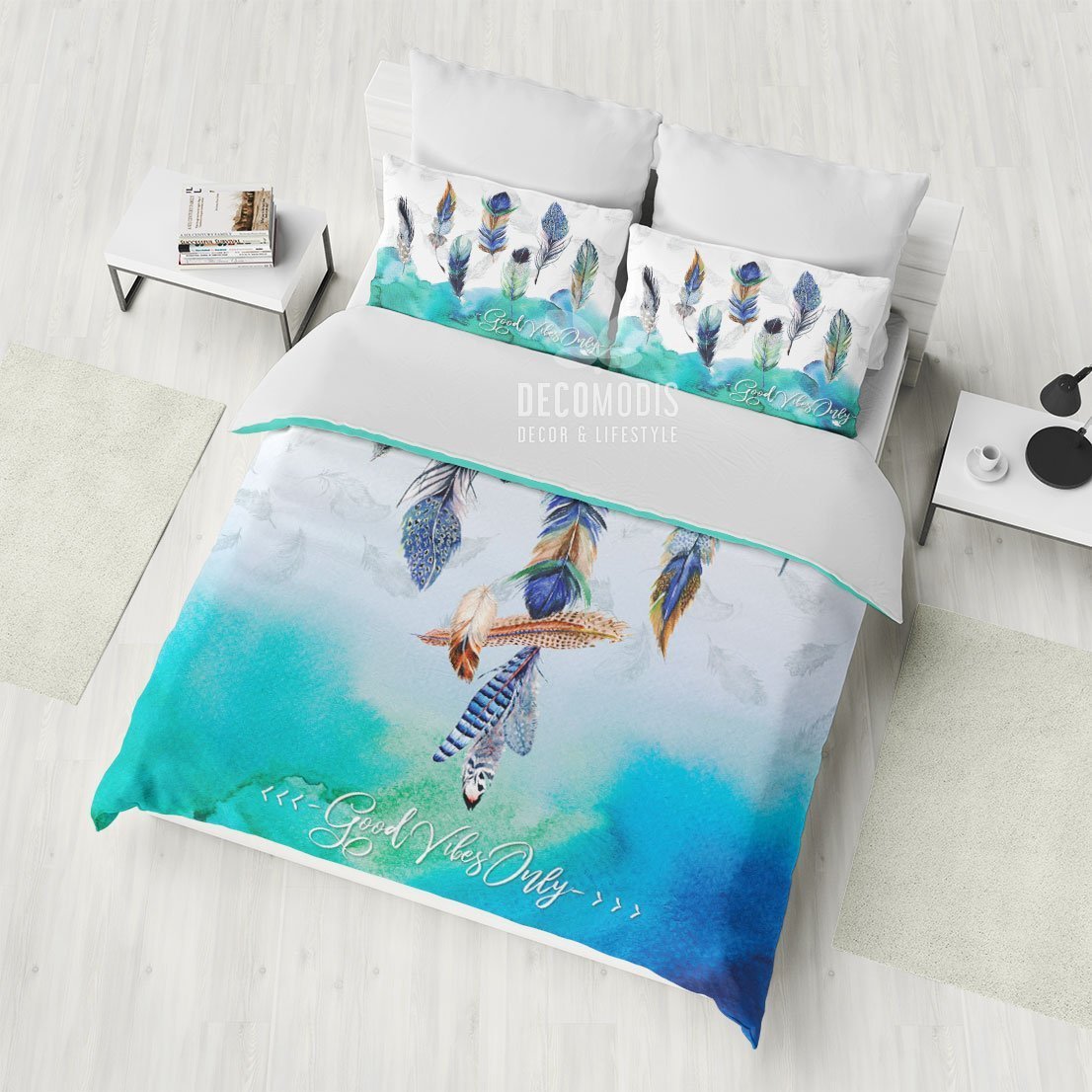 Bohemian Bedding, Boho Feathers Duvet Cover Set, Good Vibes Only Bedroom Decor, Watercolor Home Decoration