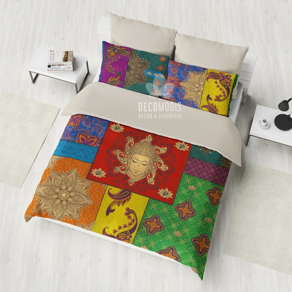Boho Patchwork Bedding Set, Bohemian Bedspread, Hindu Duvet Cover, Spiritual Buddha Indie Art Bedding Set