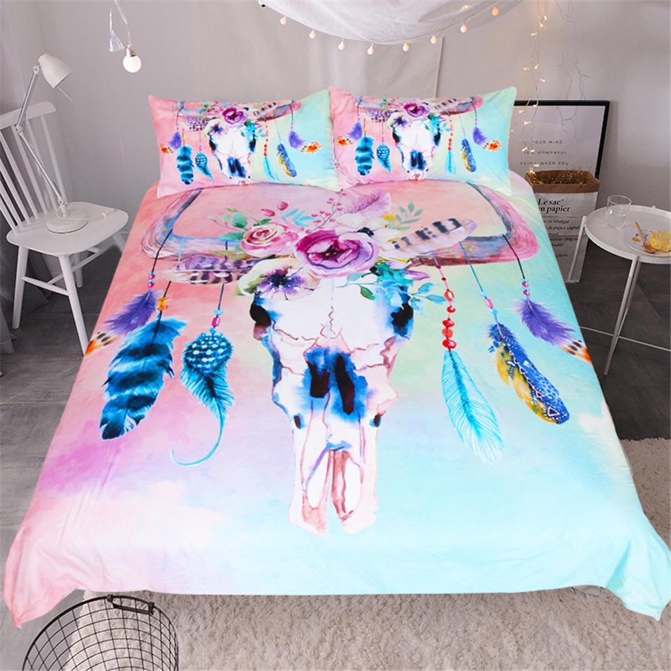 Boho Watercolourkull & Flowers 3D Customized Duvet Cover Bedding Sets