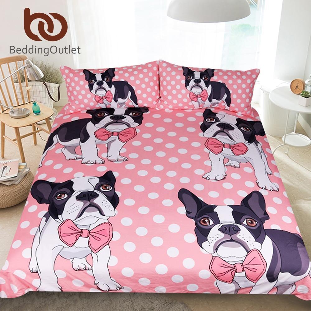 Bow Tie Pug Dog Queen Cartoon for Kids et Bulldog Bedclothes Pink Dot Home Textiles 3D Customized Duvet Cover Bedding Sets