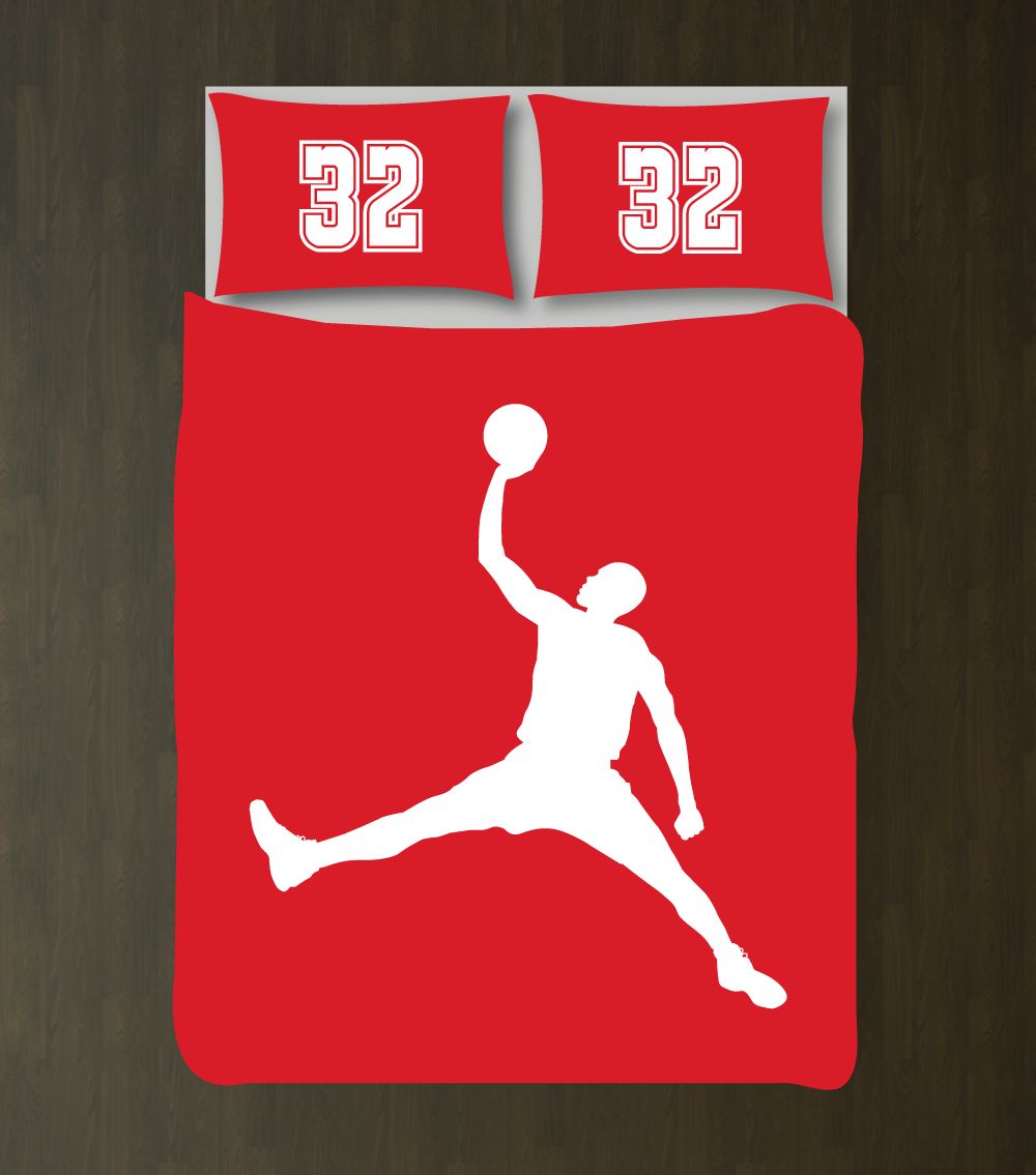 Boys Basketball Silhouette Bedding Set with Jersey Numbers Customized Duvet Cover| Red and White