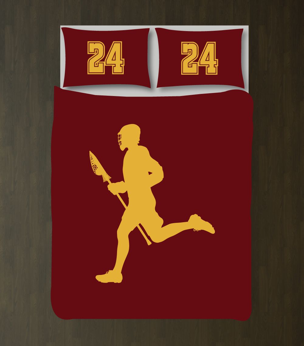 Boys Lacrosse Silhouette Bedding Set with Jersey Numbers Customized Duvet Cover| Burgundy and Mustard Yellow