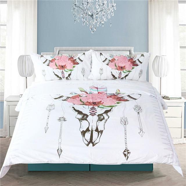 Bull Headkull et Illustration ofkeleton Bull Bedspread Blossoming Flowers Print 3D Customized Duvet Cover Bedding Sets