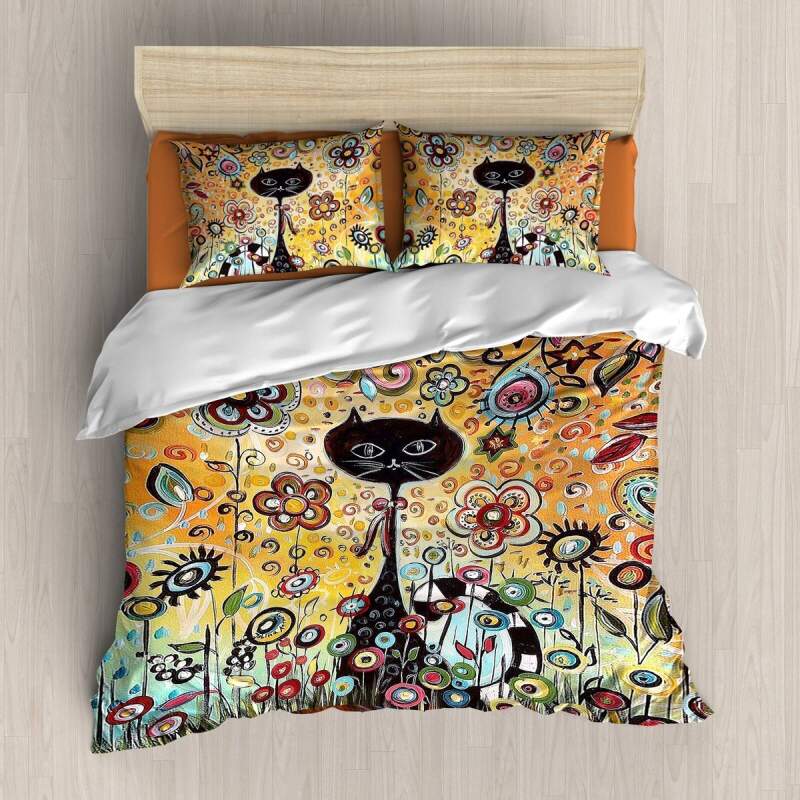 Cat and Colorful Flowers 3D Customized Duvet Cover Bedding Sets