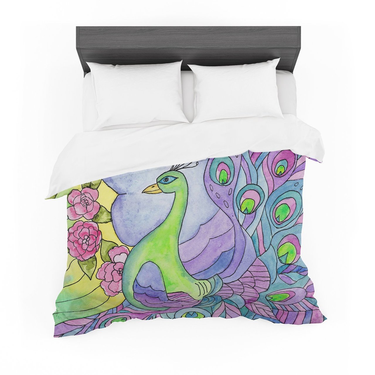 Catherine Holcombe ‘Stained Glass Watercolor Peacock’ Purple Green Featherweight3D Customized Duvet Cover Bedding Sets