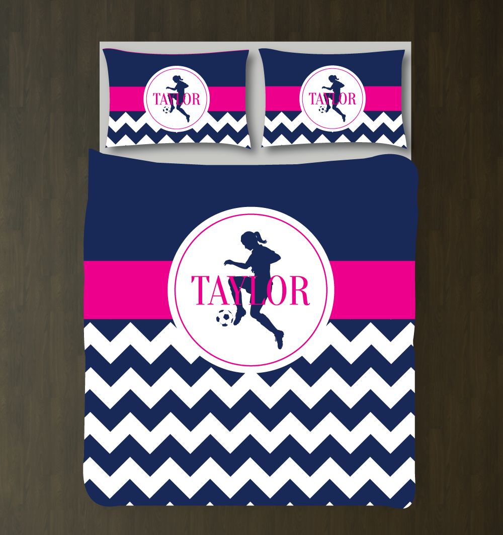 Chevron Soccer Bedding Set Customized Duvet Cover| Navy Blue, Hot Pink and White