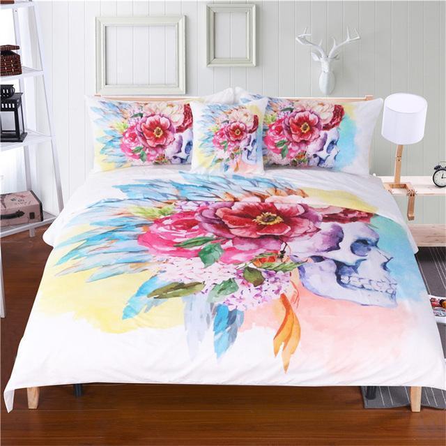 Colorful Skull and Floral Duvet Cover Set 4 Pieces