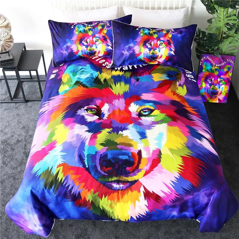 Colourful Watercolour Wolf 3D Customized Duvet Cover Bedding Sets