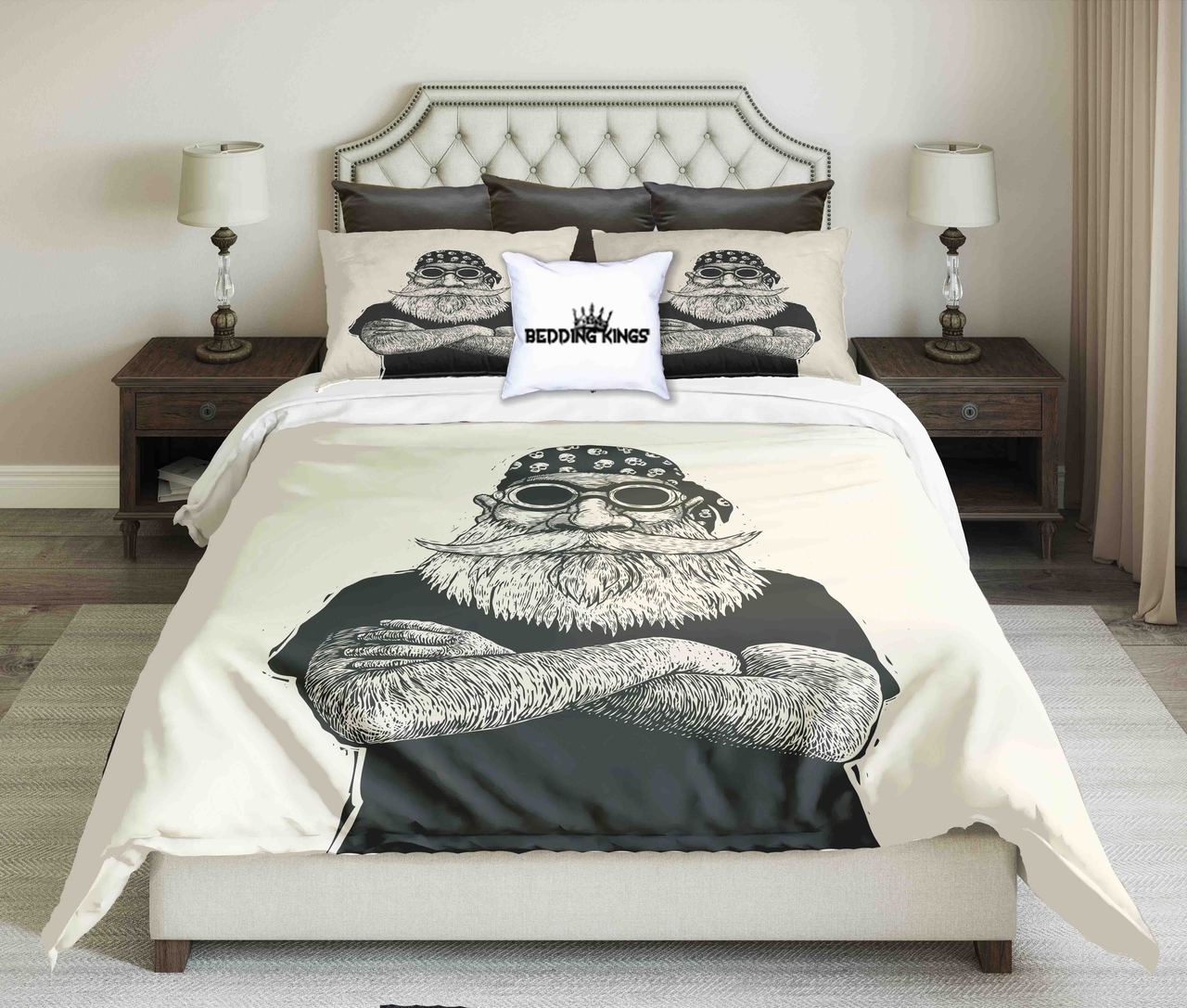 Cool Bearded Biker Beige Black | kings3D Customized Duvet Cover Bedding Sets