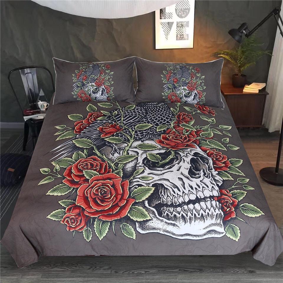 Crow & Roses On Skull Bedding Set