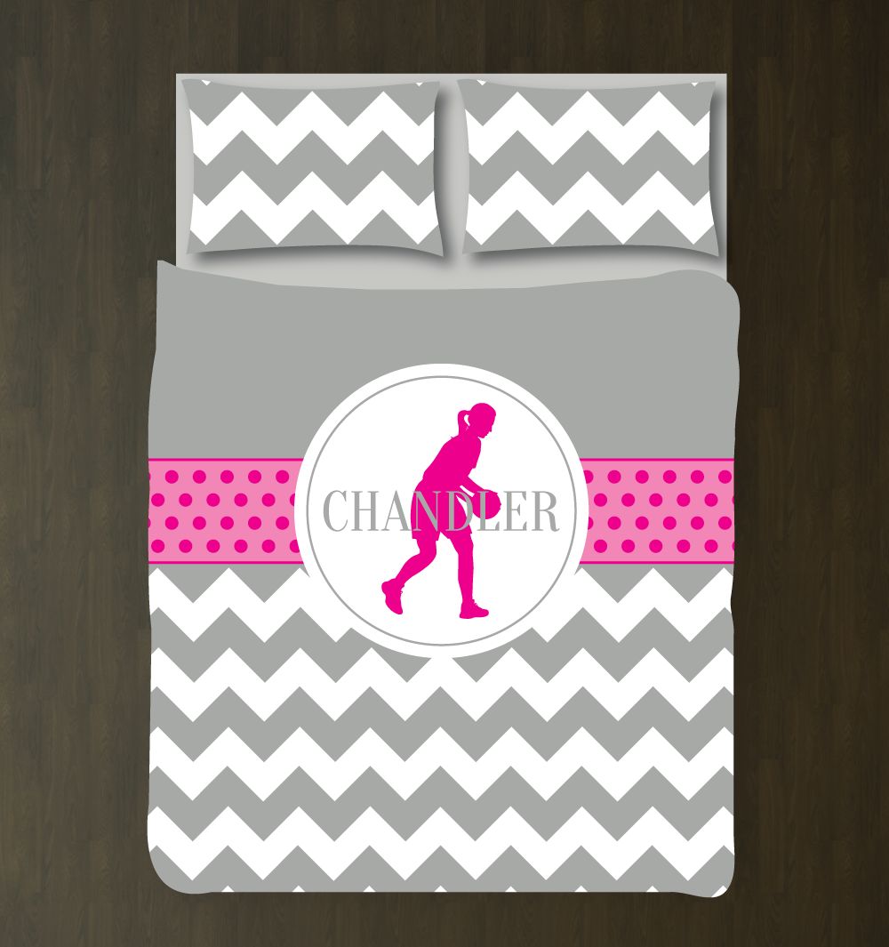 Custom Basketball with Chevrontripes and Polka Dots Gift for Girls and Teen Athletes Basketball Player Themed Bedroom Decor White, Grey, Hot Pink3D Customized Duvet Cover Bedding Sets