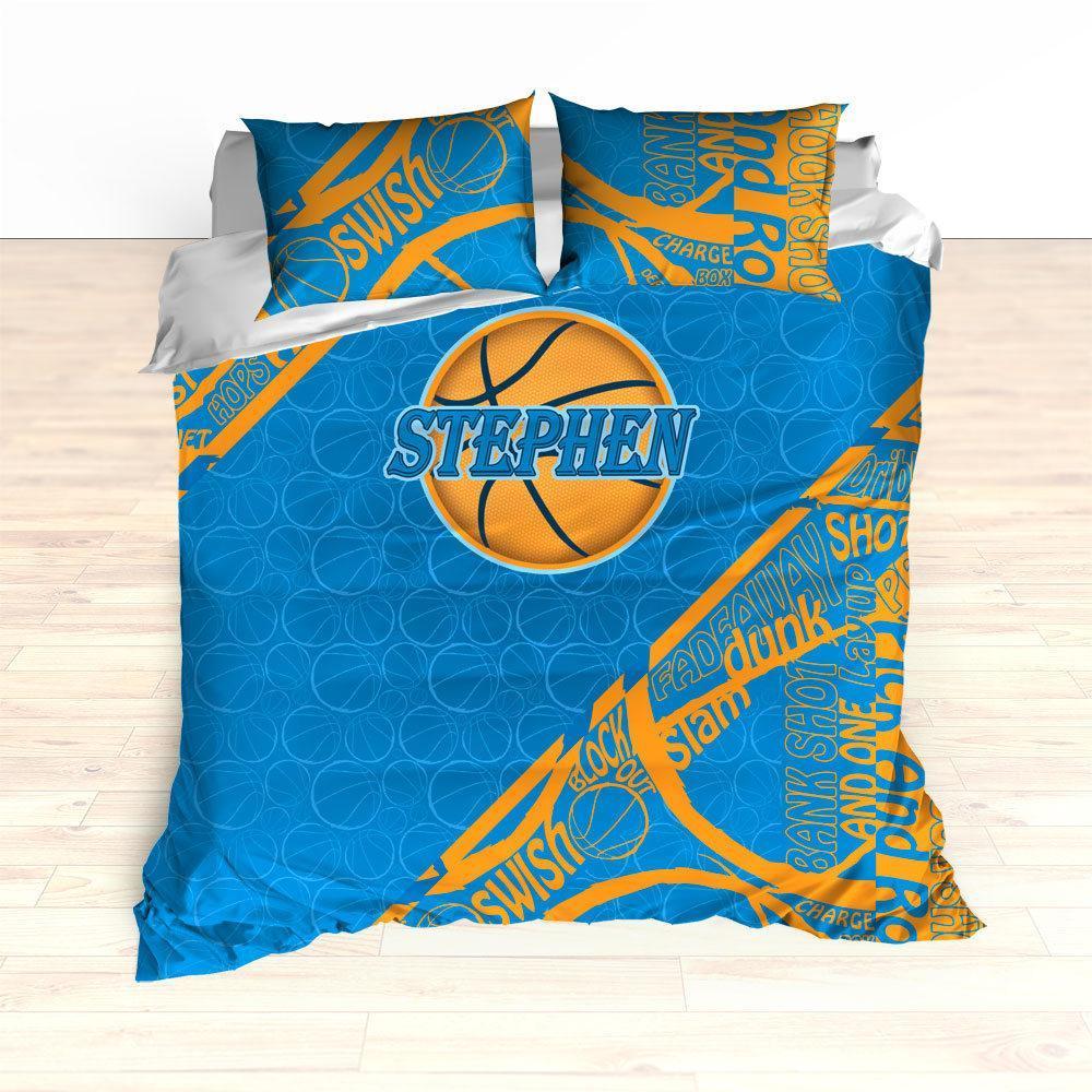Custom Basketball Word Art Bedding, Basketball Duvet, Basketball Comforter, Blue, Yellow, Basketball, King, Twin, Queen, Personalized