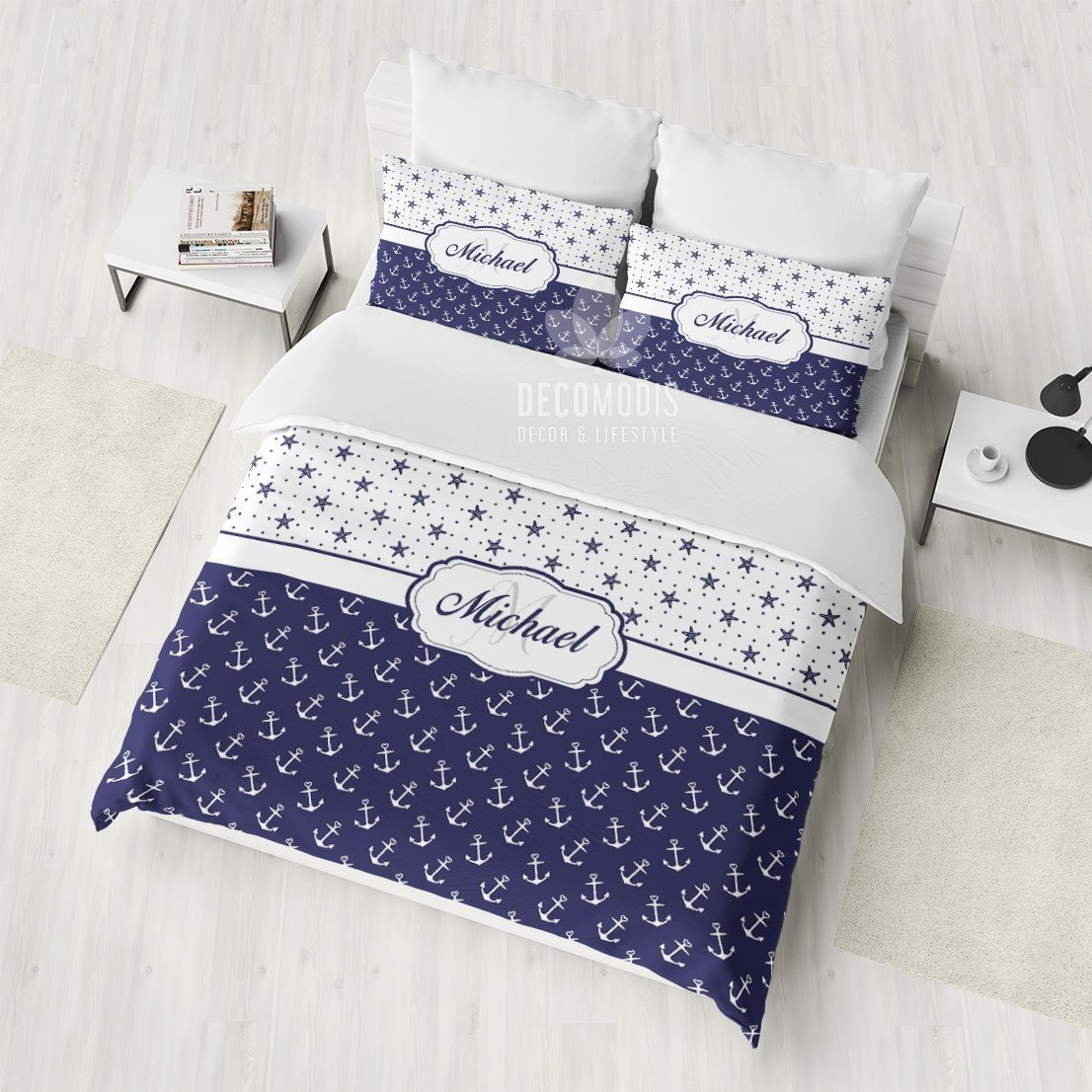 Custom Bedding, Personalized Duvet Cover Set, Marine Style Bedroom Decor, Naval Bedding with Name