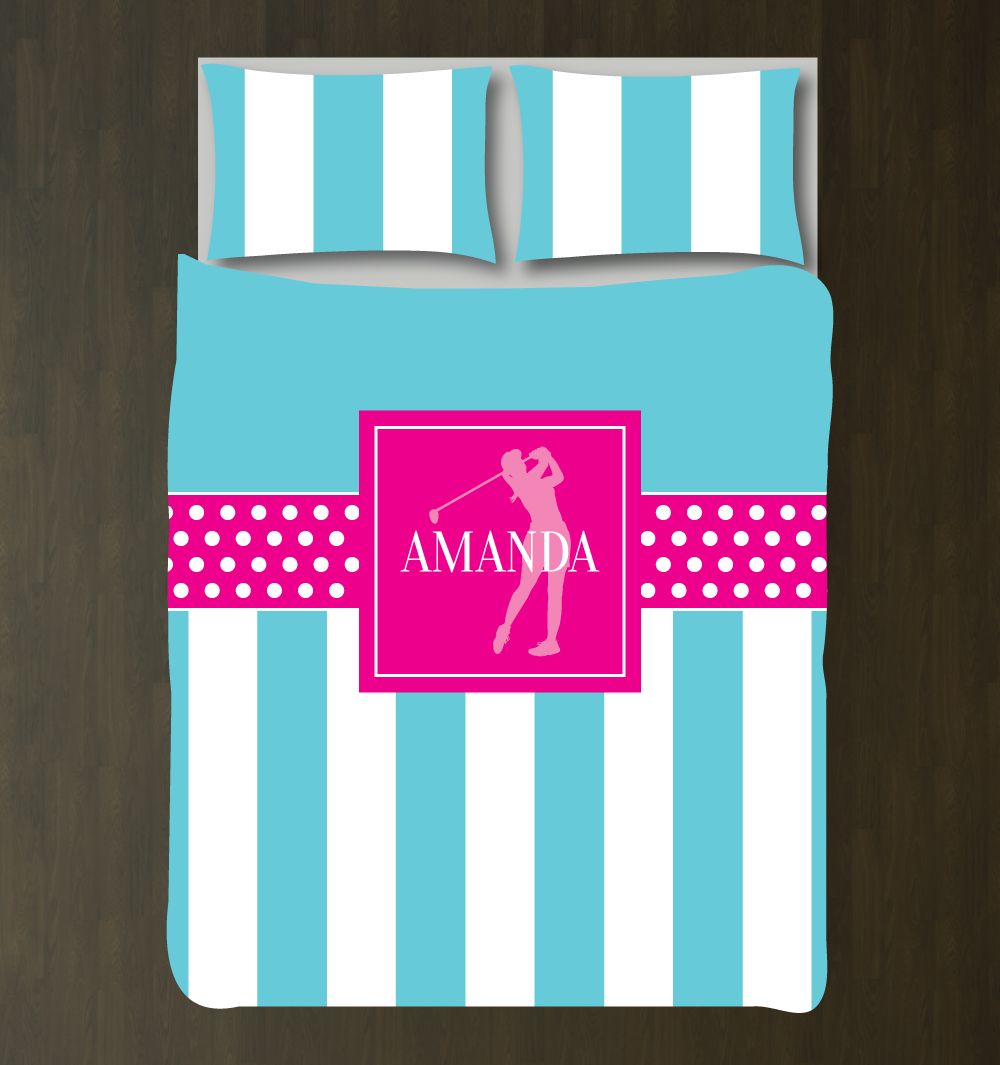 Custom Golf Bedding Set with Stripes and Polka Dots Customized Duvet Cover| Aqua, Hot Pink and White