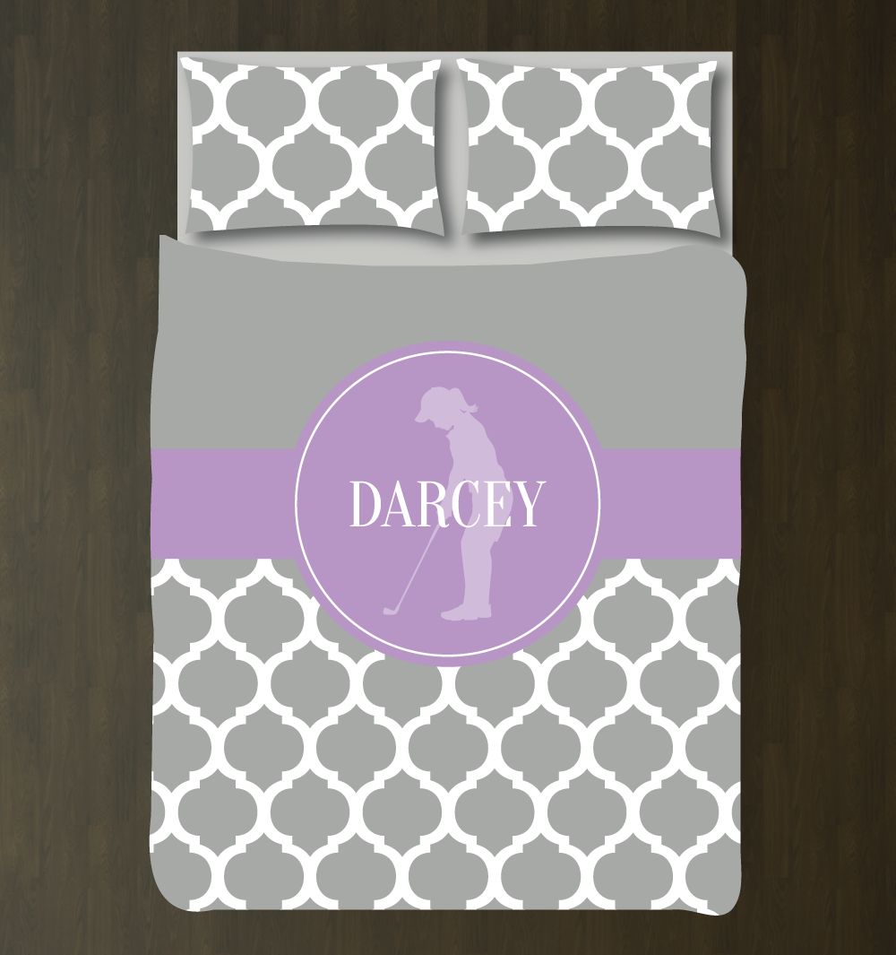 Custom Golf for Girls andhams for Teens ilhouette of Golfer Quatrefoil Pattern White, Grey, Lavender3D Customized Duvet Cover Bedding Sets