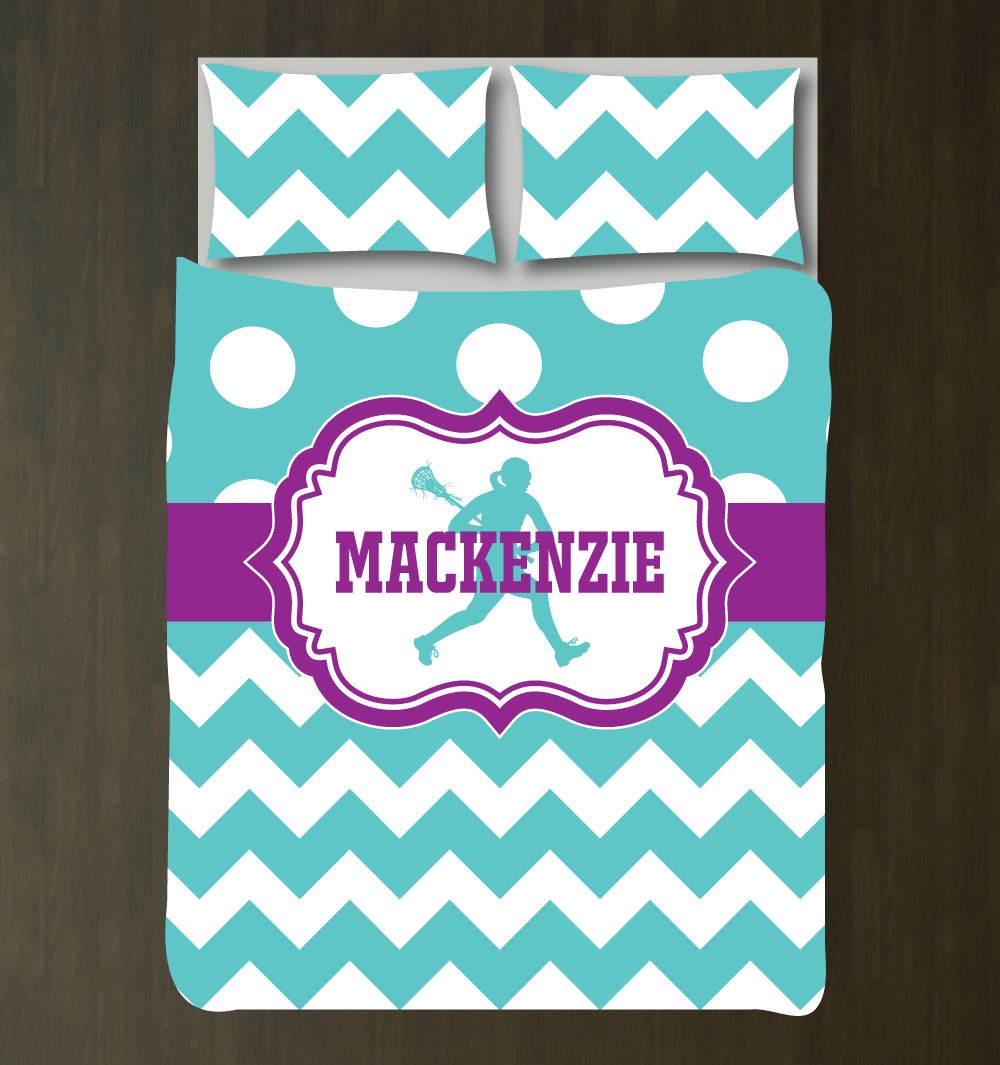 Custom Lacrosse with Polka Dots and Chevrontrips Zig Zag Gift for Girls and Teen Athletes Lax Themed Bedroom Decor Highchoolports Team White, Pool, Purple3D Customized Duvet Cover Bedding Sets