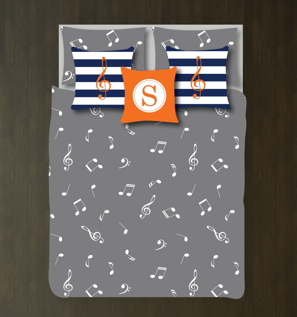 Custom Music Note Bedding Set Customized Duvet Cover| Carrot Orange, Titanium, Navy Blue and White