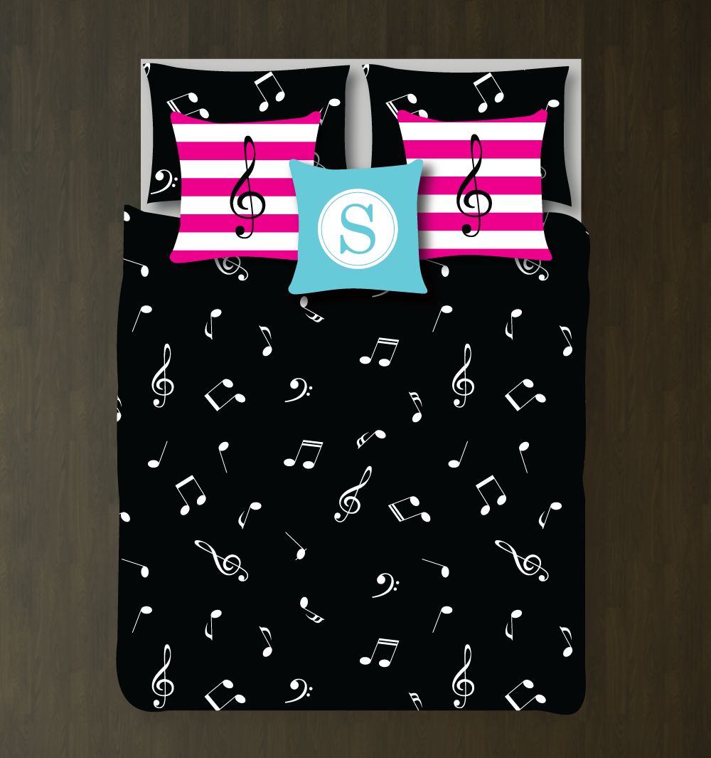 Custom Music Note Bedding Set Customized Duvet Cover| Hot Pink, Aqua, Black and White