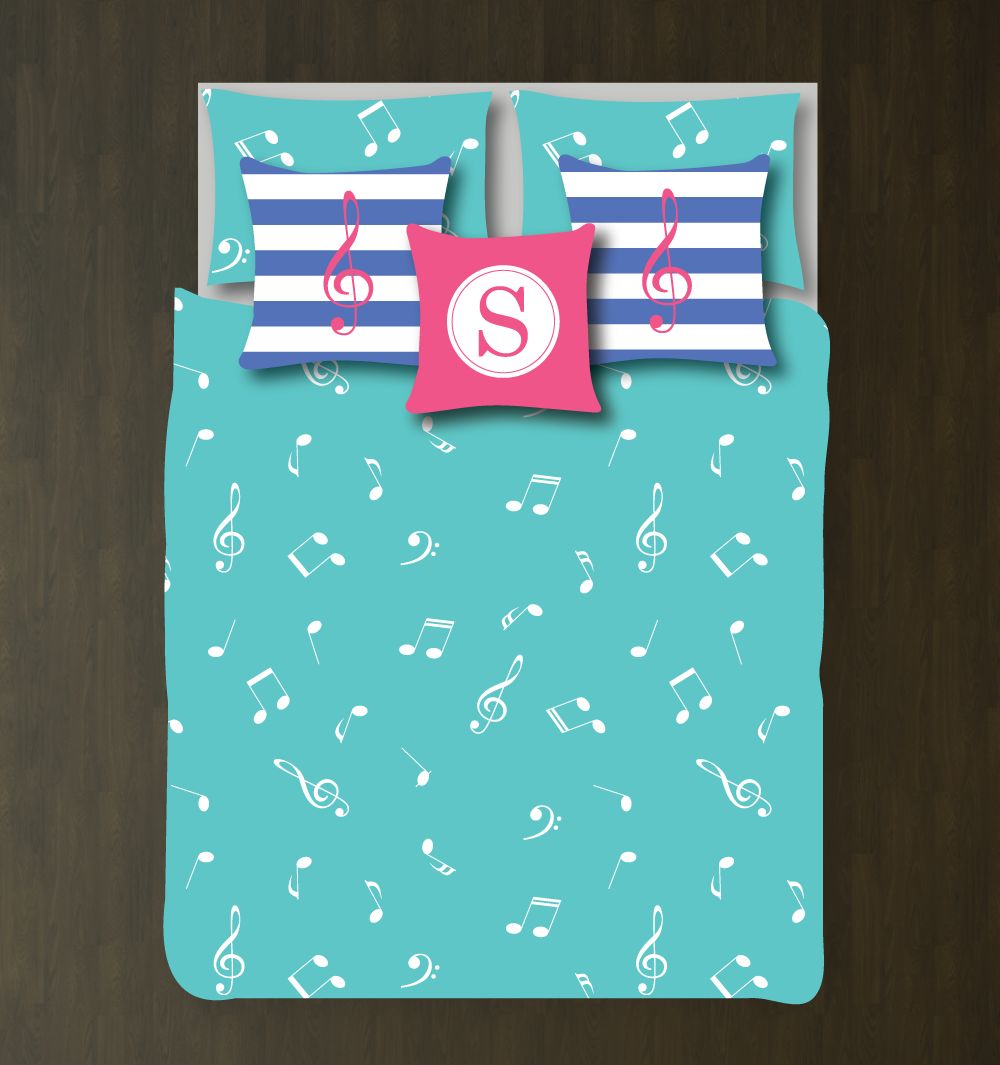 Custom Music Note Bedding Set Customized Duvet Cover| Pool, Periwinkle, Bubble Gum Pink and White