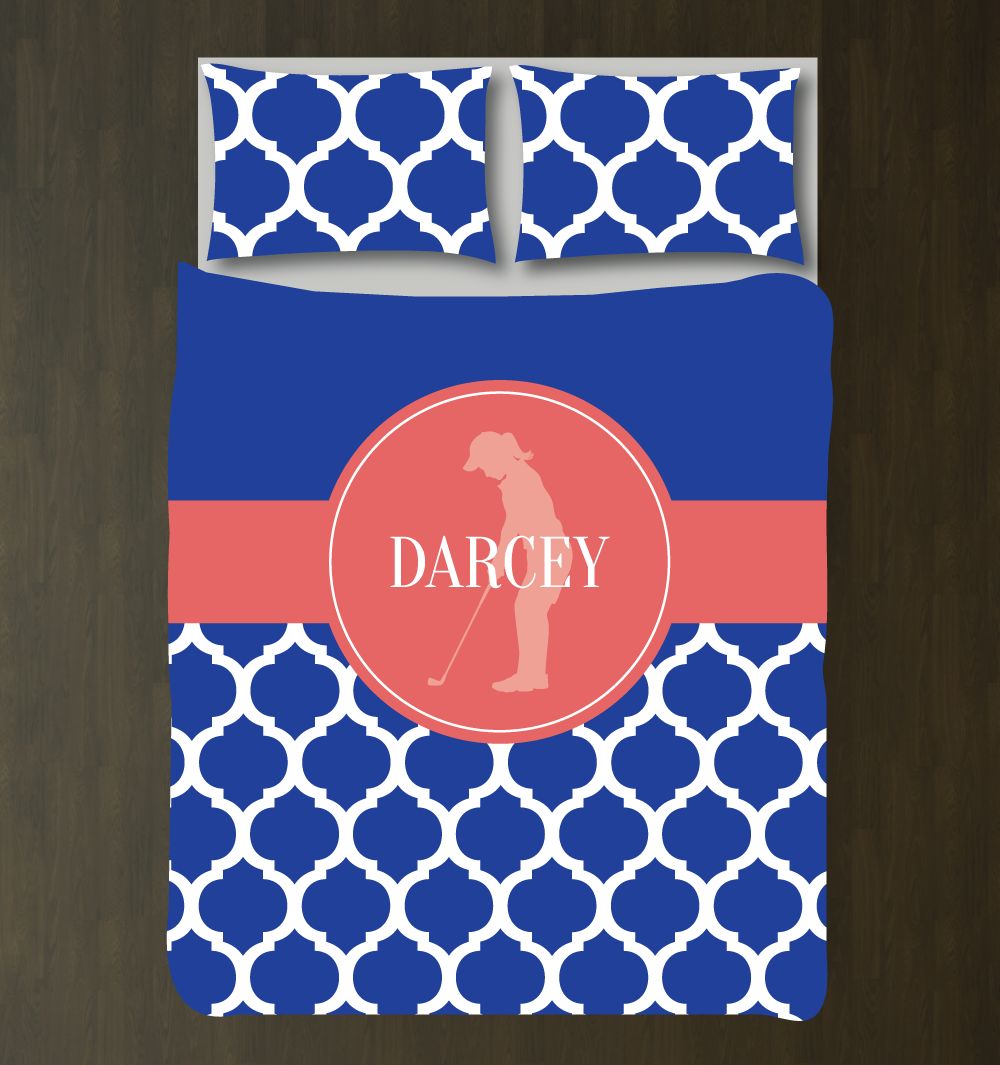 Custom Quatrefoil Golf Bedding Set Customized Duvet Cover| Royal Blue, Cayenne and White