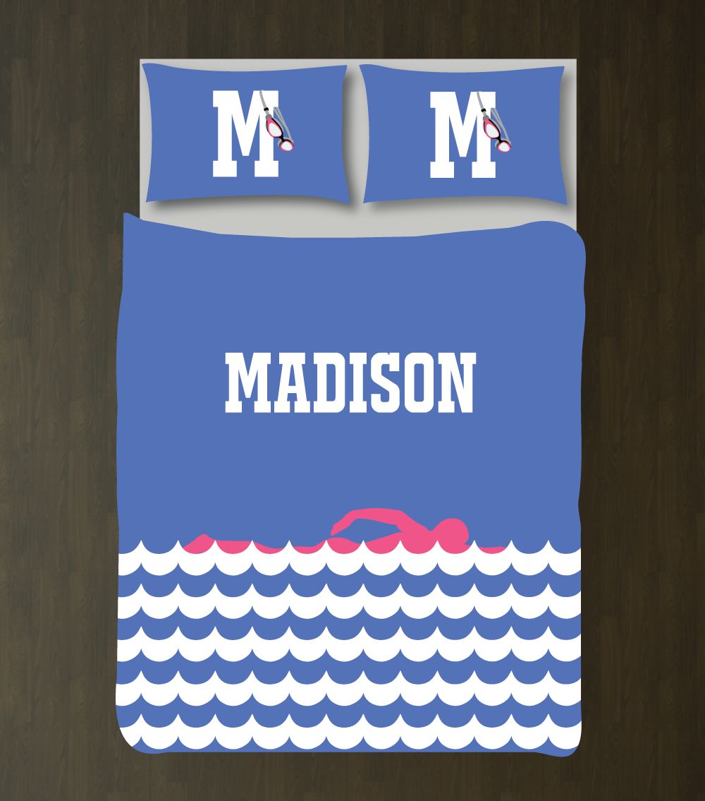 Custom Swimming Themed Bedding for Girls and Boys Customized Duvet Cover| Periwinkle Blue, Bubble Gum Pink, White