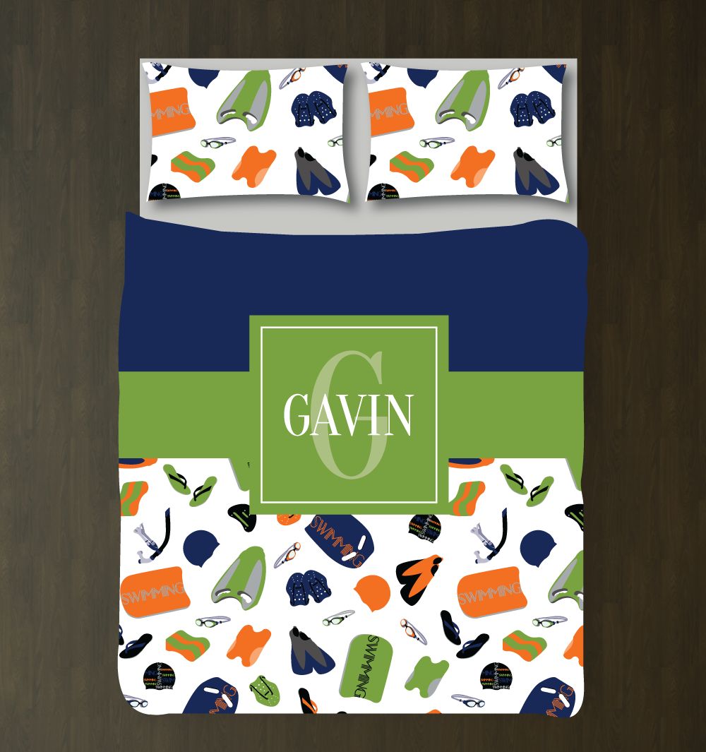 Custom Swimming Themed Bedding Set for Boys Customized Duvet Cover| Carrot Orange, Pine, Navy, White