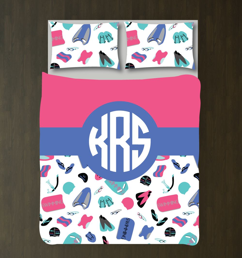 Custom Swimming Themed Bedding Set for Girls Customized Duvet Cover| Bubble Gum Pink, Periwinkle, Pool, White