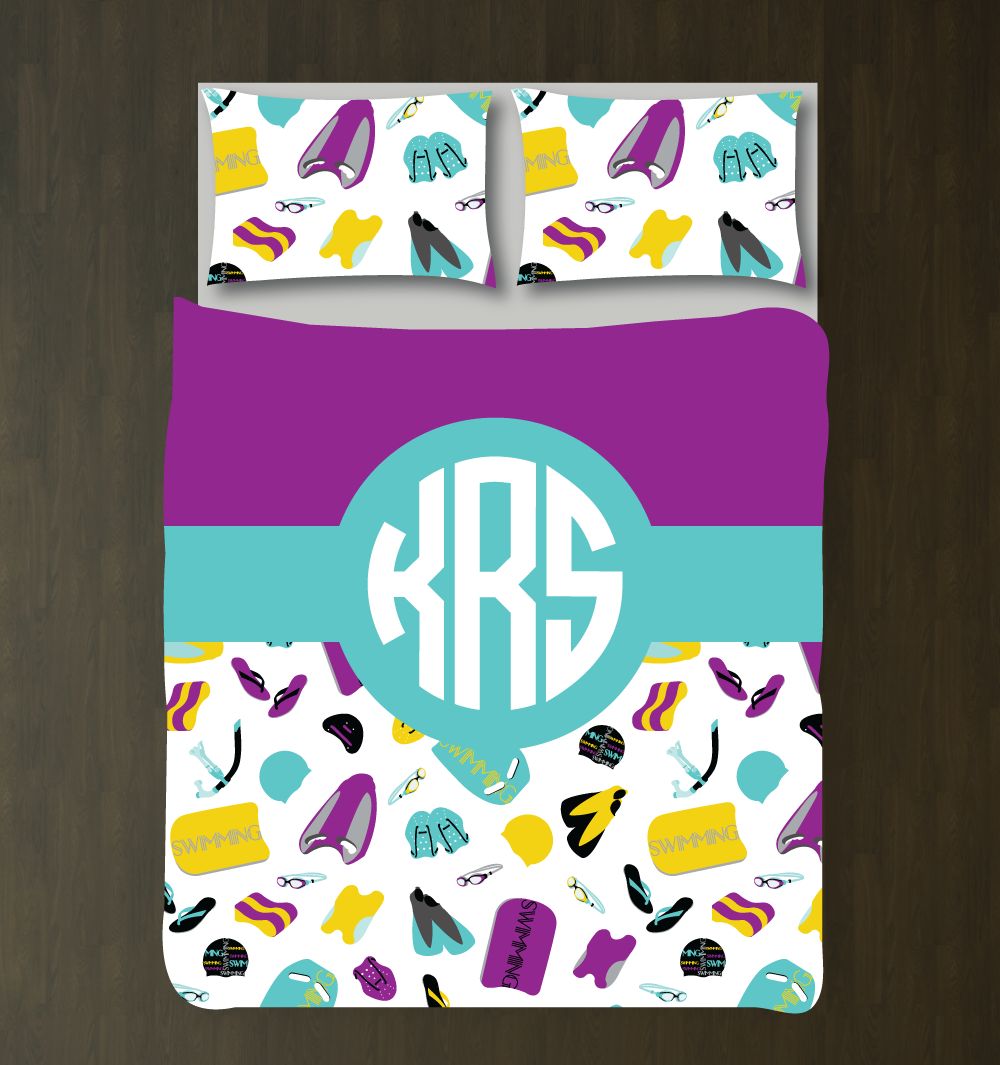 Custom Swimming Themed Bedding Set for Girls Customized Duvet Cover| Purple, Pook Yellow, White
