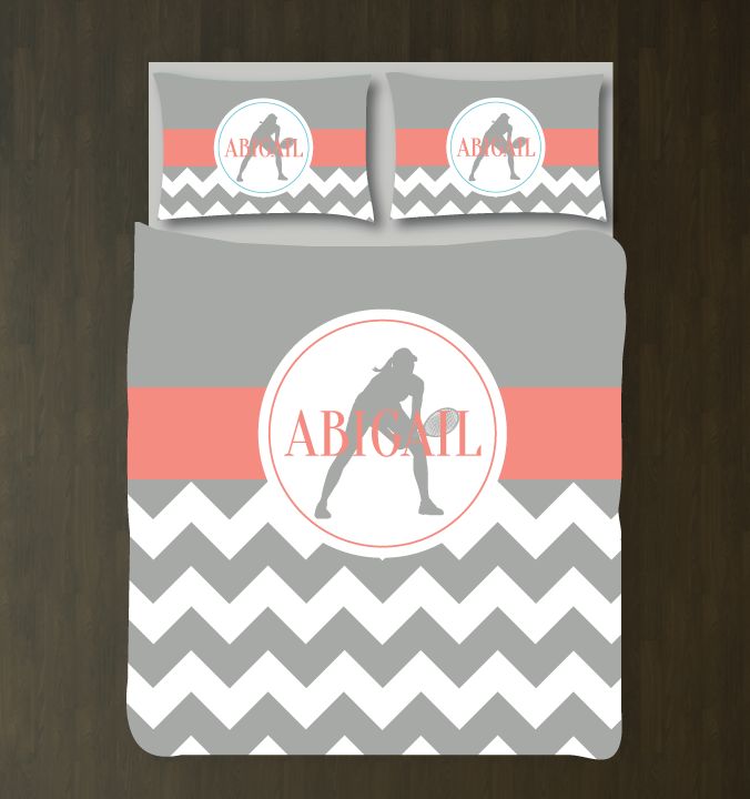 Custom Tennis Themed Chevron Tennis for Girls for Teens and Girls Grey, Coral and White3D Customized Duvet Cover Bedding Sets
