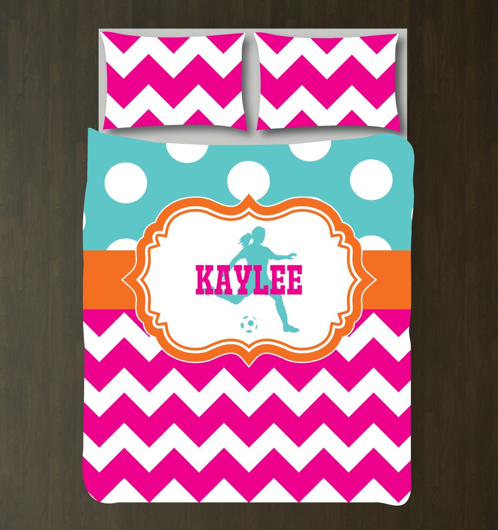 Customoccer for Girls andhams for Teens occer Playerilhouette Chevrontripes (Zig Zag) and Polka Dots White, Hot Pink, Pool, Carrot Orange3D Customized Duvet Cover Bedding Sets