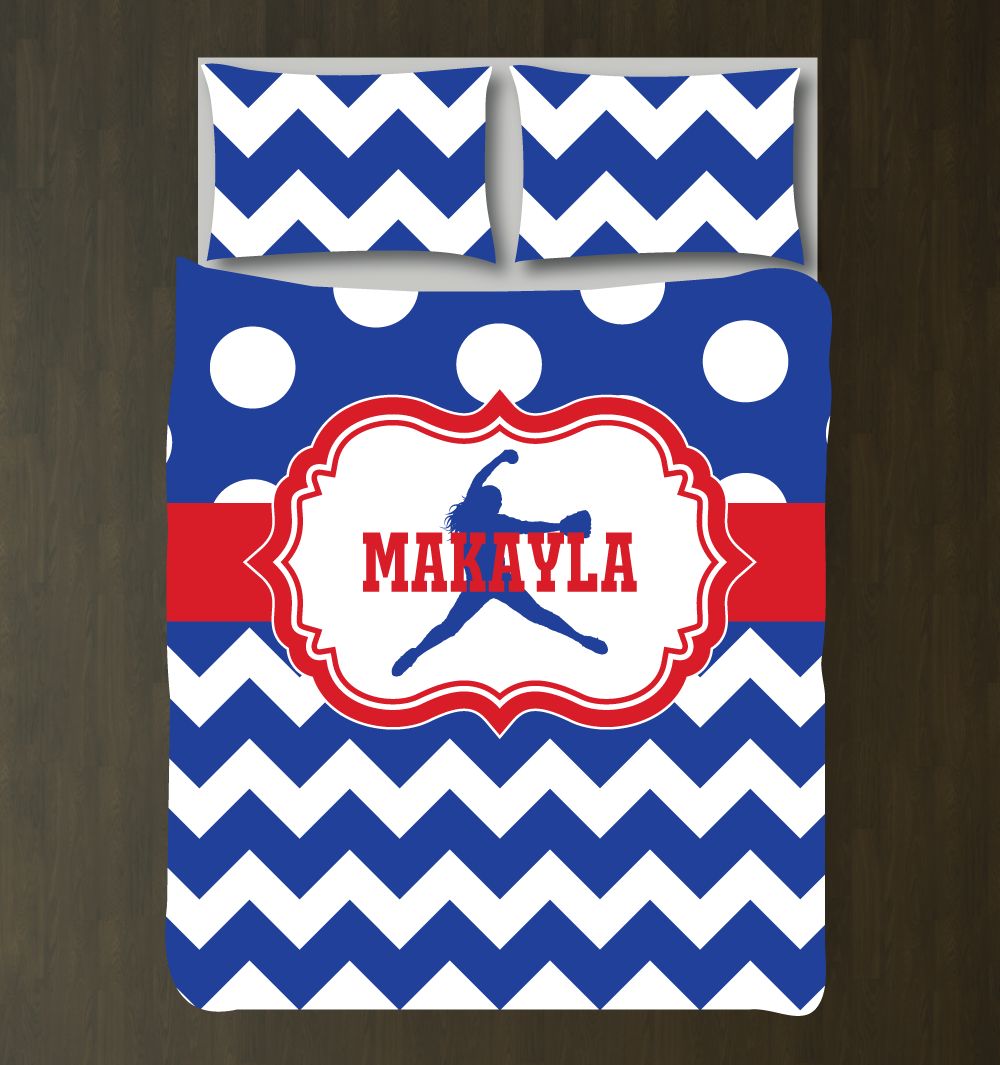 Customoftball for Girls andhams for Teens Pitcherilhouette Chevrontripes (Zig Zag) and Polka Dots White, Red and Royal Blue3D Customized Duvet Cover Bedding Sets