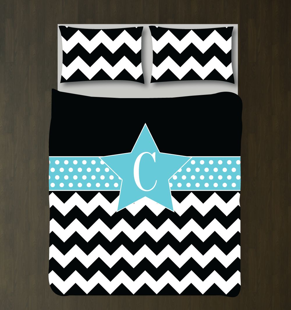 Customtar andhams Chevron and Polka Dot for Girls Monogram Initial Teens Kids Teenagers Musical Theatre Acting Drama Theater Dance Film White, Black and Aqua3D Customized Duvet Cover Bedding Sets