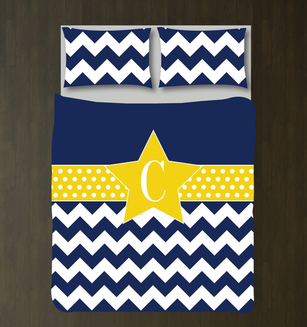 Customtar andhams Chevron and Polka Dot for Girls Monogram Initial Teens Kids Teenagers Musical Theatre Acting Drama Theater Dance Film White, Navy Blue, Yellow3D Customized Duvet Cover Bedding Sets