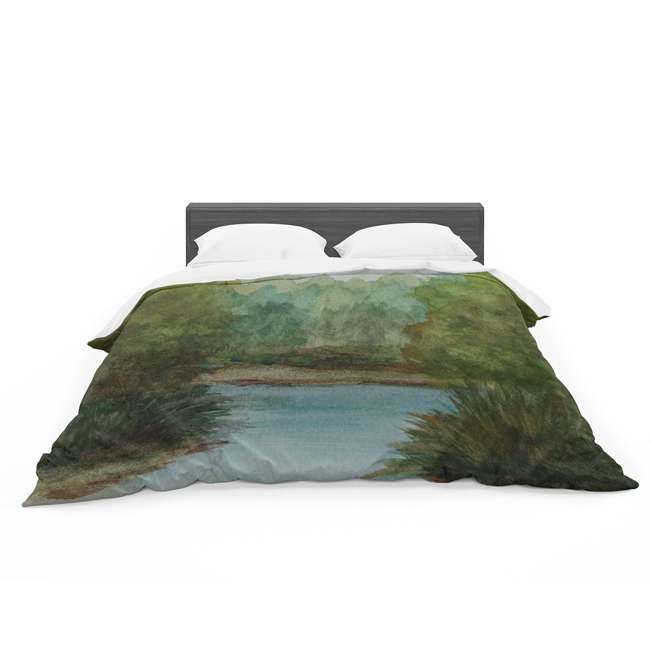 Cynditeen ‘Blue Lake Channel’ Green Watercolor Featherweight3D Customized Duvet Cover Bedding Sets