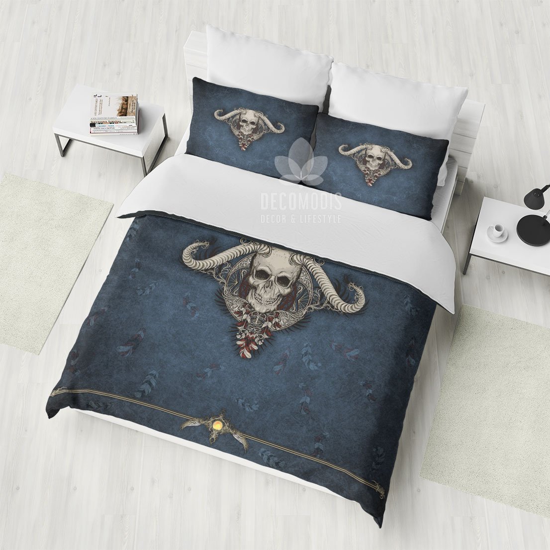 Dark Blue Skull Bedding, Amulet Duvet Cover Set, Feathers Bedspread Bedding Set, Grunge Totem Bedding
