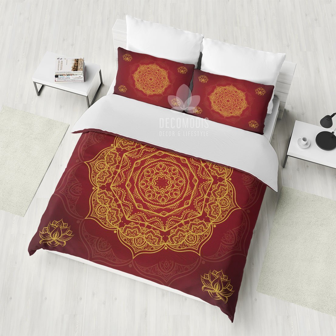 Dark Red & Gold Mandala Bedding Set, Boho Bedspread, Dark Red & Gold Duvet Cover, Boho Hindu Mandala Art Bedding Set