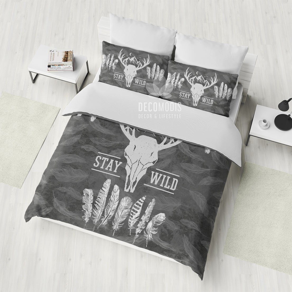 Deer Skull Bedding, Boho Duvet Cover Set, Stay Wild Bedroom Decor, Boho Skull Bedspread