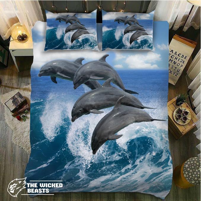 Default Dolphins Jumping Over Waves3D Customized Duvet Cover Bedding Sets