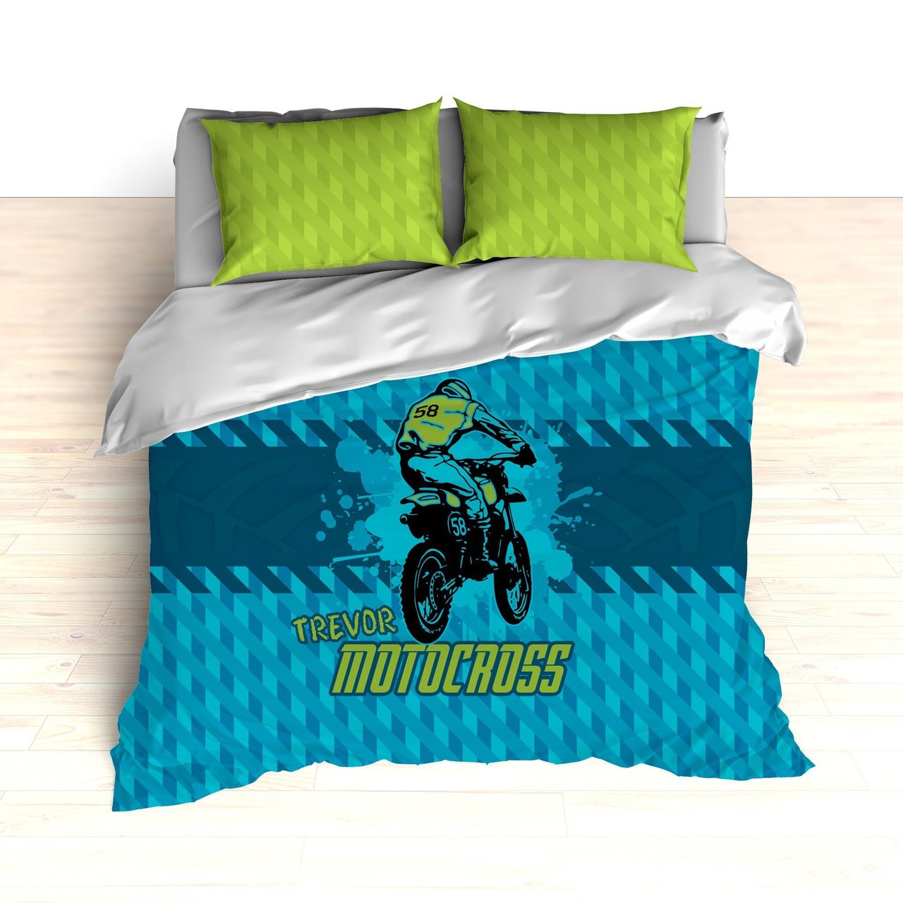 Dirt Bike Motocross Bedding, Blue, Teal and Green, Personalized
