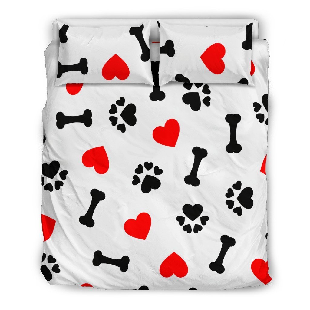 Dog Paw Bones Heart Bedding Set Black