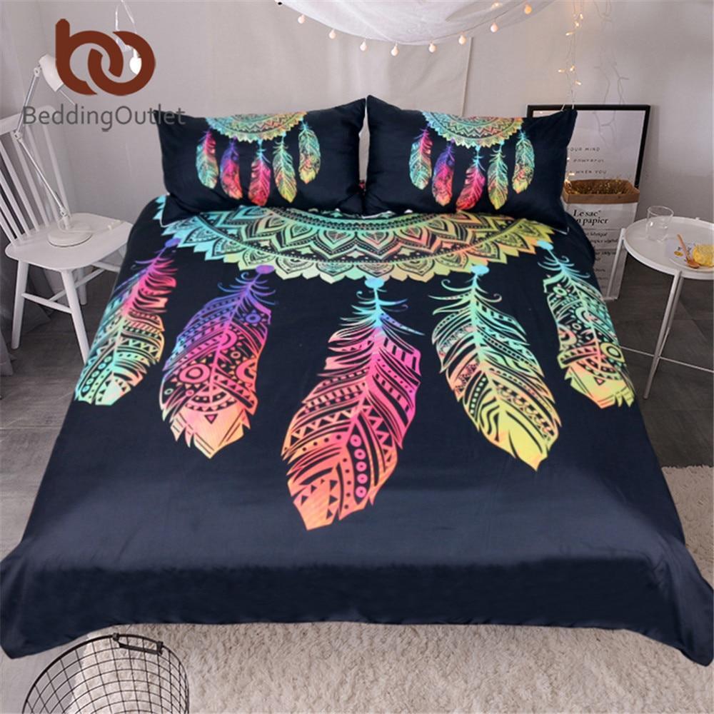 Dreamcatcher King Colorful Feathers Bohemian Mandala Bedclothes Black Home Textiles3D Customized Duvet Cover Bedding Sets