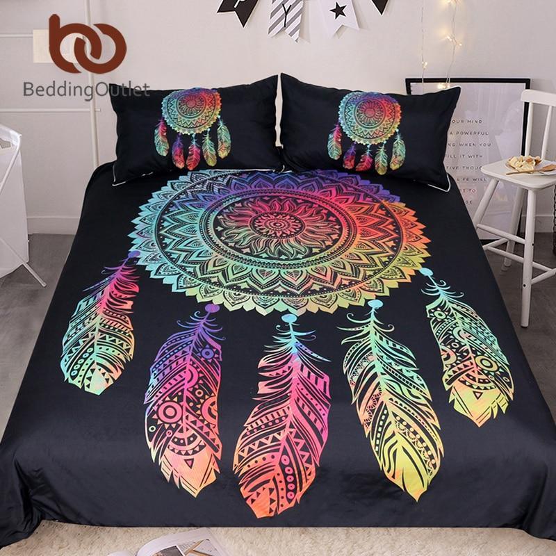 Dreamcatcher King Double Boho Colored Feathers Bedclothes Mandala Black Home Textiles3D Customized Duvet Cover Bedding Sets