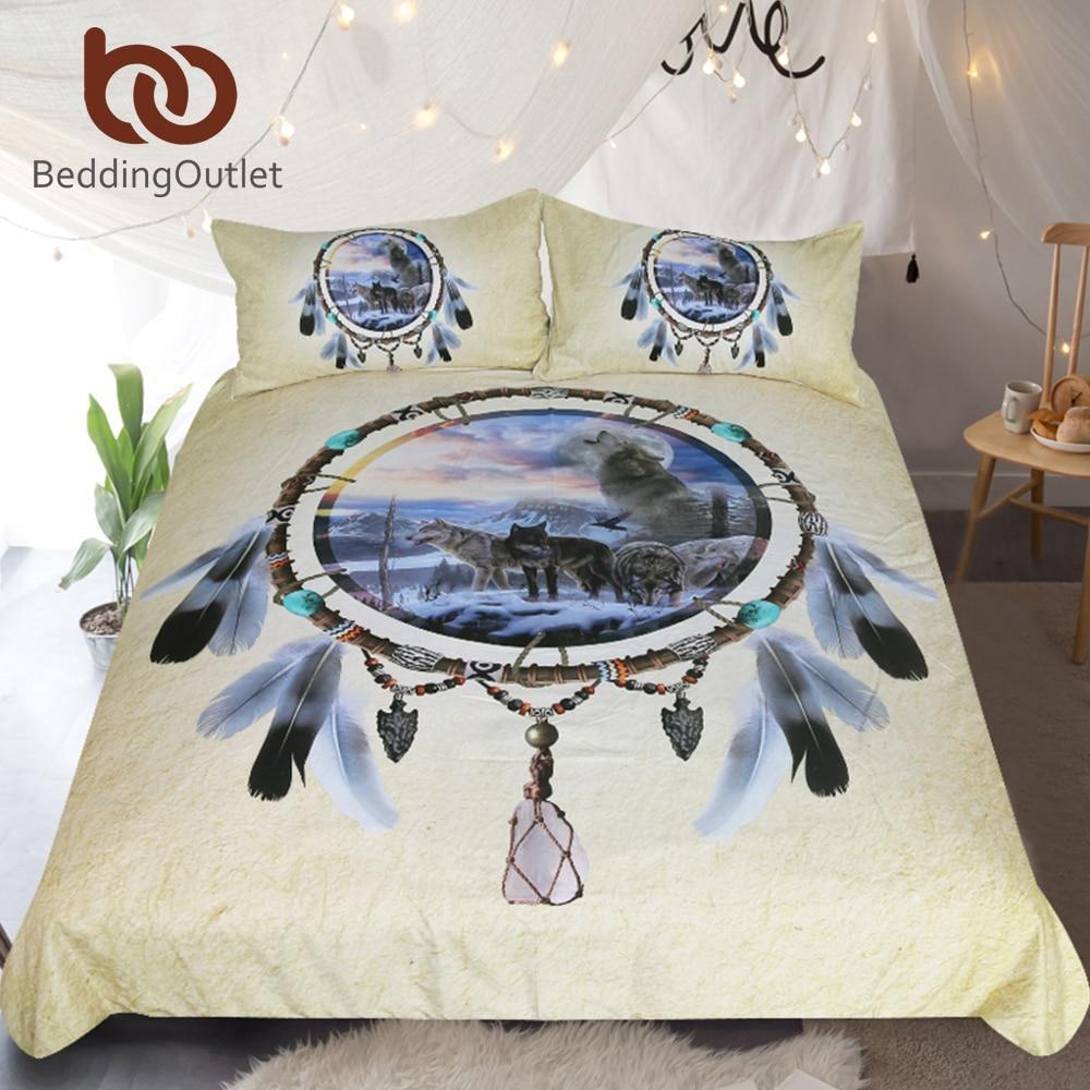 Dreamcatcher Queen 3D Wolf Printed Wolves Bedclothes Feathers Tribal Home Textiles3D Customized Duvet Cover Bedding Sets