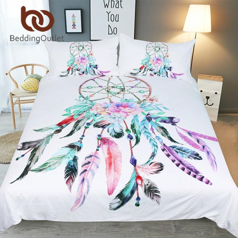 Dreamcatcher Queen Beautiful Feathers Bohemian Bedclothes White et3D Customized Duvet Cover Bedding Sets