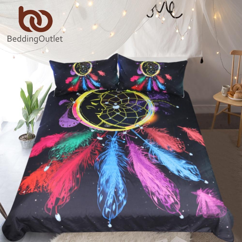Dreamcatcher Queen Colorful Feathers Night Moon Bedclothes Black Bohemian et3D Customized Duvet Cover Bedding Sets